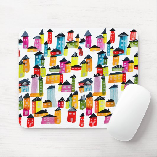かわいいカラフルハウス水彩画 マウスパッド (マウス)