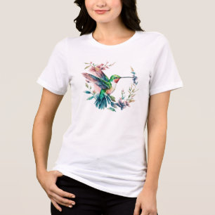 かわいいカラフルハチドリと花 トライブレンドＴシャツ