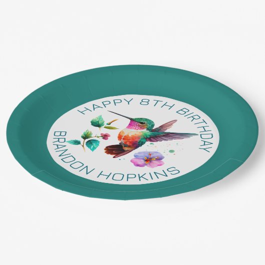 かわいいカラフルハチドリと花 ペーパープレート (アングル)