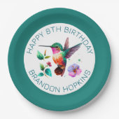 かわいいカラフルハチドリと花 ペーパープレート (正面)