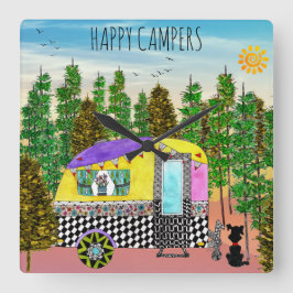 かわいいカラフルハッピーキャンパーの四角い壁時計 スクエア壁時計