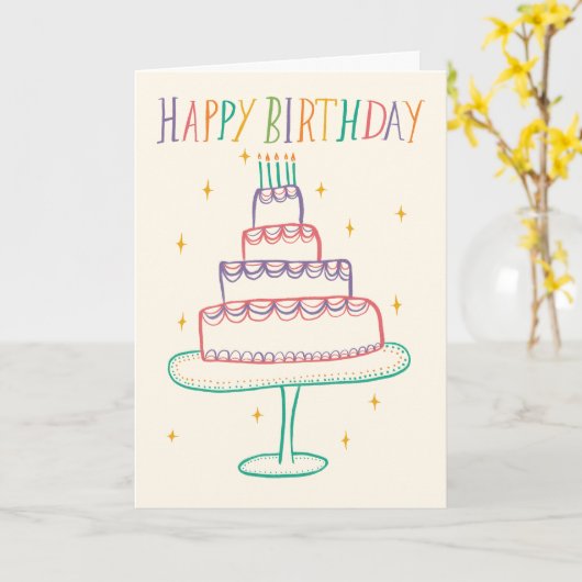 かわいいカラフルハッピーバースデーケーキスケッチドードル カード (黄色い花)