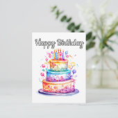 かわいいカラフルハッピーバースデーパーティーケーキ ポストカード (スタンド正面)
