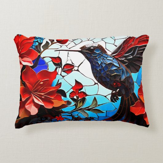 かわいいカラフルハミングバードのモザイク アクセントクッション (正面)
