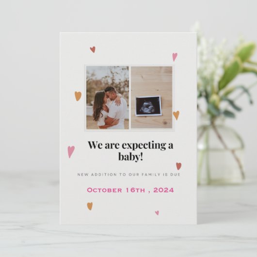 かわいいカラフルハートと妊娠の発表 案内状 (スタンド正面)