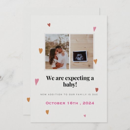 かわいいカラフルハートと妊娠の発表 案内状 (正面/裏面)