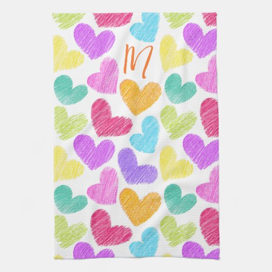 かわいいカラフルハートパステルバレンタインラブモノグラム キッチンタオル (縦)