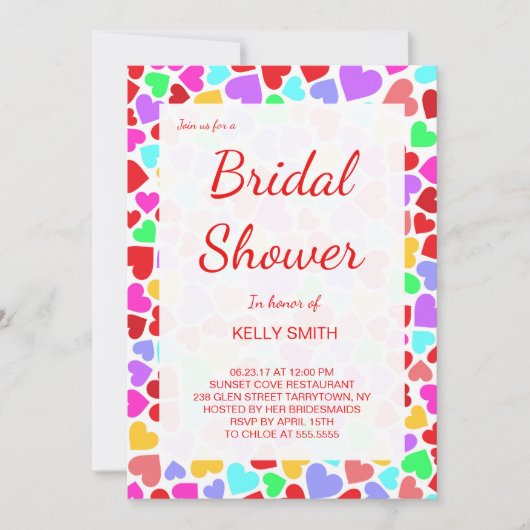 かわいいカラフルハートパターンブライダルシャワー 招待状 (正面)