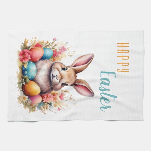 かわいいカラフルバニーエッグフラワーズハッピーイースター キッチンタオル (横)