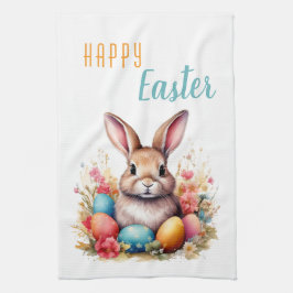 かわいいカラフルバニーエッグフラワーズハッピーイースター キッチンタオル