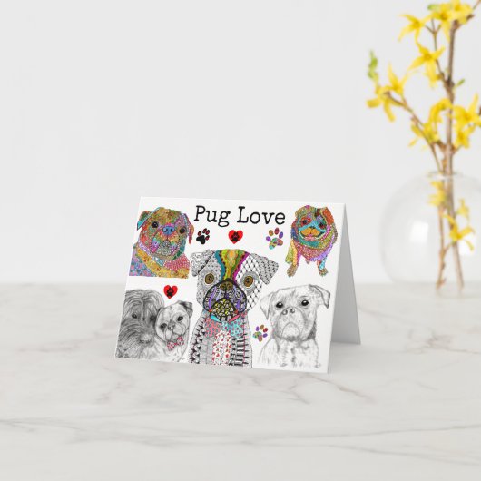 かわいいカラフルパグ犬の品揃えグリーティングカード カード (黄色い花)