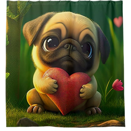 かわいいカラフルパグ犬の子犬がハートを持つ | シャワーカーテン (正面)