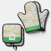 かわいいカラフルパステルガーデンフラワーパターン 鍋つかみ&鍋敷きセット (正面/裏面)
