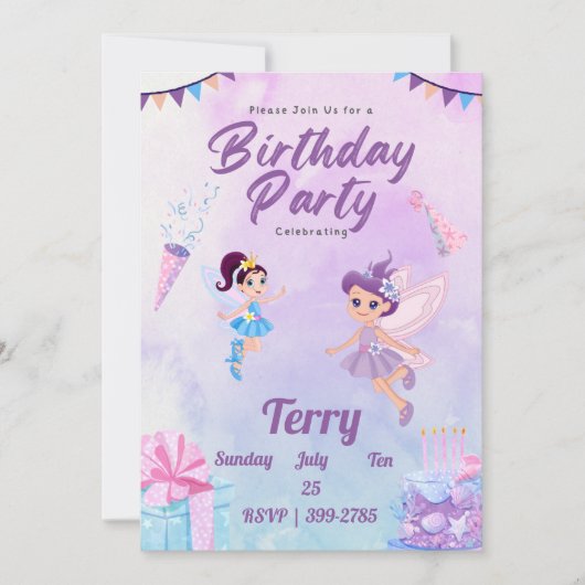 かわいいカラフルパステルスフェアリーズガールズバースデーパーティー 招待状 (正面)