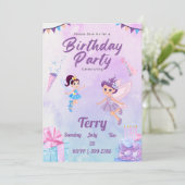 かわいいカラフルパステルスフェアリーズガールズバースデーパーティー 招待状 (スタンド正面)