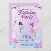 かわいいカラフルパステルスフェアリーズガールズバースデーパーティー 招待状 (正面/裏面)
