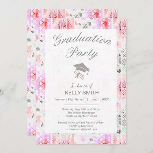 かわいいカラフルパステルフローラアステカ卒業パーティー 招待状 (正面/裏面)