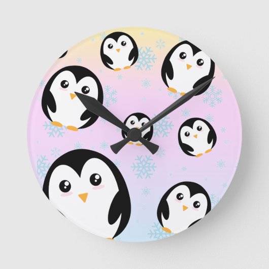 かわいいカラフルパステルペンギングラデーション ラウンド壁時計 (正面)