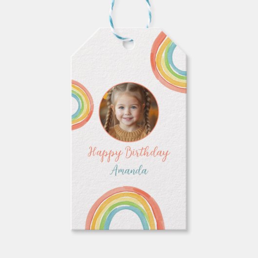 かわいいカラフルパステルレインボーガールズフォト誕生日 ギフトタグ (正面)