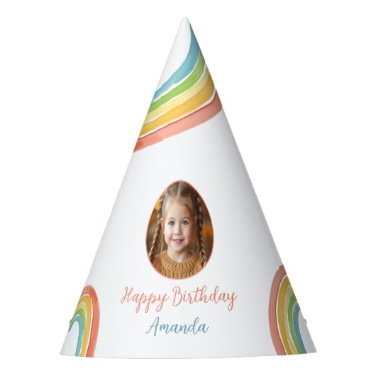 かわいいカラフルパステルレインボーガールズフォト誕生日 パーティーハット (正面)