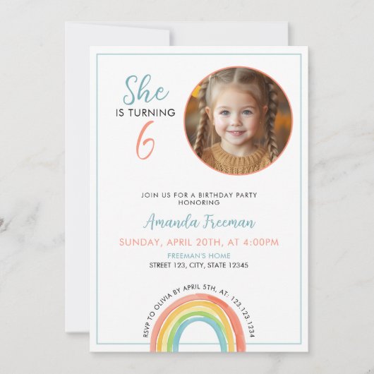 かわいいカラフルパステルレインボーガールズフォト誕生日 招待状 (正面)