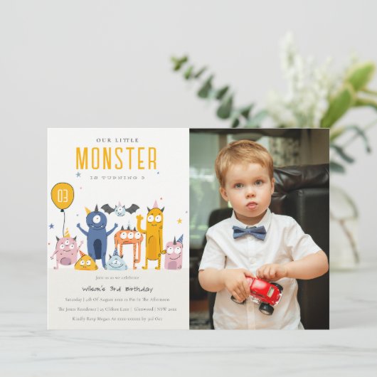 かわいいカラフルパーティーモンスターズ子供の誕生日写真 招待状 (スタンド正面)