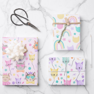 かわいいカラフルピンクの子猫ネコ猫好きパターン ラッピングペーパーシート