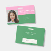 かわいいカラフルピンクの緑の従業員の写真IDロゴ バッジ (Front & Back)