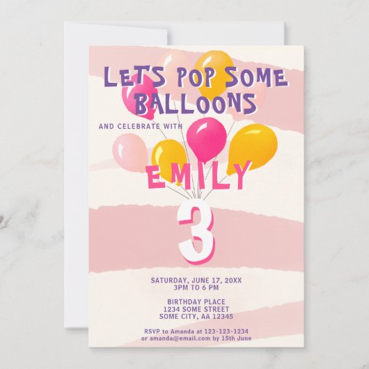 かわいいカラフルピンクバルーン女の子の誕生日パーティー 招待状 (正面)