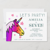 かわいいカラフルピンクユニコーンスター子供の誕生日 招待状 (正面)