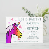 かわいいカラフルピンクユニコーンスター子供の誕生日 招待状 (スタンド正面)