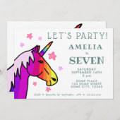 かわいいカラフルピンクユニコーンスター子供の誕生日 招待状 (正面/裏面)