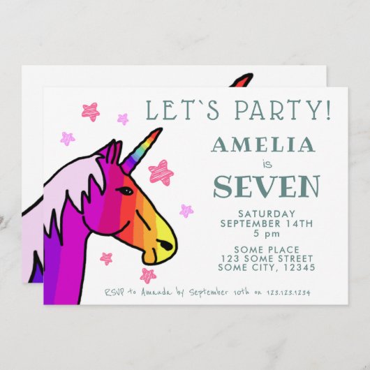 かわいいカラフルピンクユニコーンスター子供の誕生日 招待状 (正面/裏面)