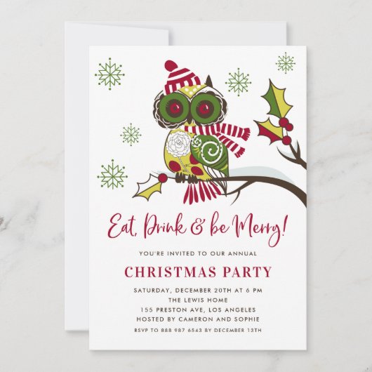 かわいいカラフルフェスティバルグリーンフクロウのクリスマスパーティー 招待状 (正面)