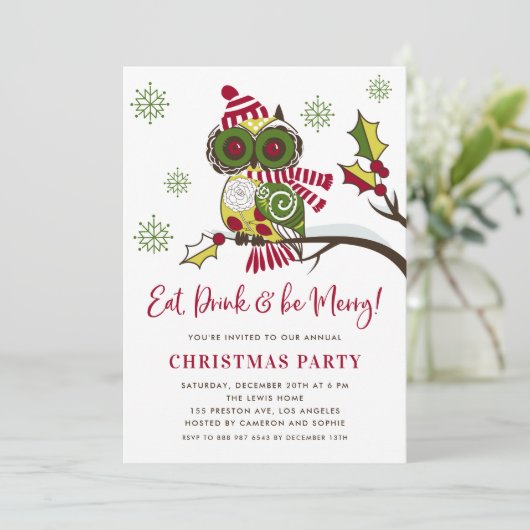 かわいいカラフルフェスティバルグリーンフクロウのクリスマスパーティー 招待状 (スタンド正面)