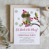 かわいいカラフルフェスティバルグリーンフクロウのクリスマスパーティー 招待状