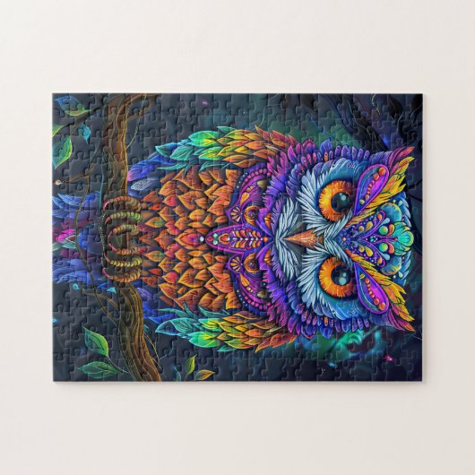 かわいいカラフルフクロウ抽象芸術鳥自然アート ジグソーパズル (横)