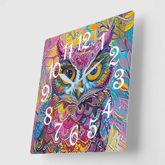 かわいいカラフルフクロウ抽象芸術鳥自然アート スクエア壁時計 (傾斜)
