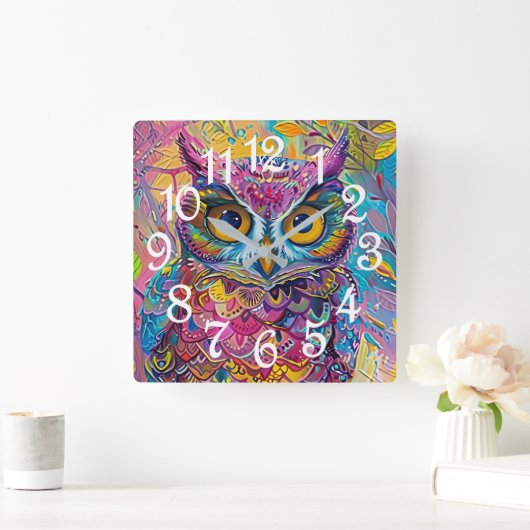 かわいいカラフルフクロウ抽象芸術鳥自然アート スクエア壁時計 (ホーム)