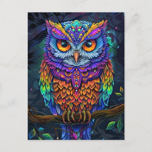 かわいいカラフルフクロウ抽象芸術鳥自然アート ポストカード (正面)