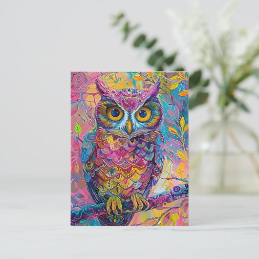 かわいいカラフルフクロウ抽象芸術鳥自然アート ポストカード (スタンド正面)