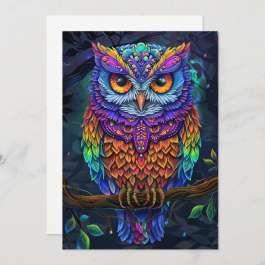 かわいいカラフルフクロウ抽象芸術鳥自然アート 招待状 (正面/裏面)