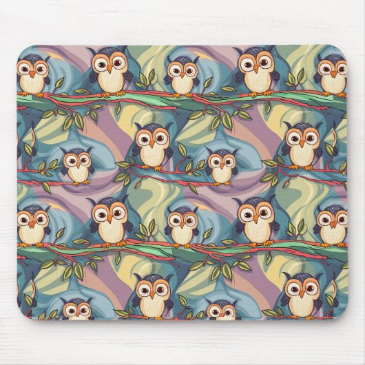 かわいいカラフルフクロウ模様 マウスパッド (正面)