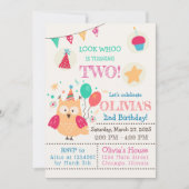 かわいいカラフルフクロウ誕生日パーティー 招待状 (正面)