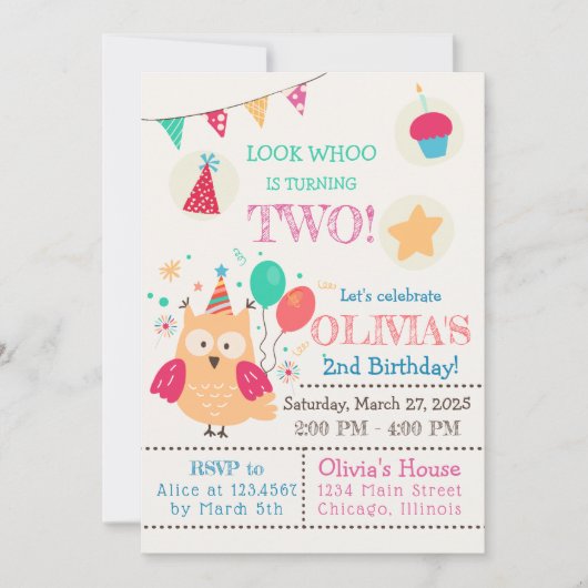 かわいいカラフルフクロウ誕生日パーティー 招待状 (正面)
