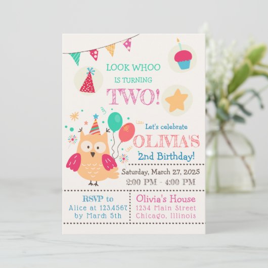 かわいいカラフルフクロウ誕生日パーティー 招待状 (スタンド正面)