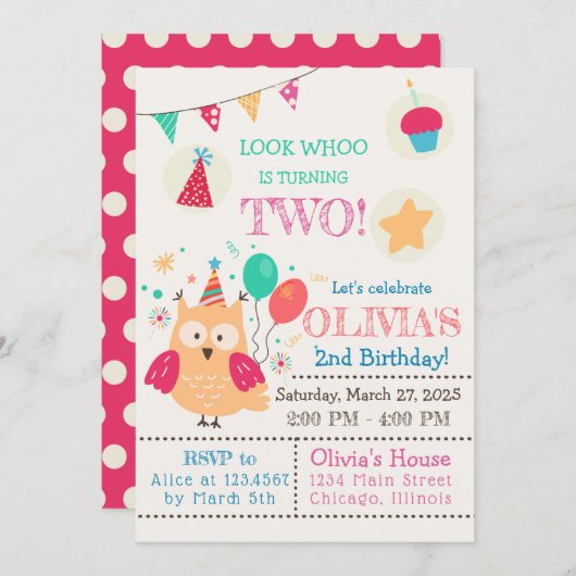 かわいいカラフルフクロウ誕生日パーティー 招待状 (正面/裏面)