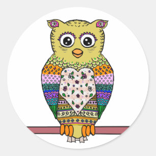 かわいいカラフルフクロウ – 白 ラウンドシール