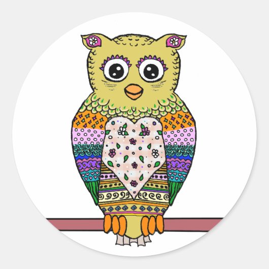 かわいいカラフルフクロウ – 白 ラウンドシール (正面)