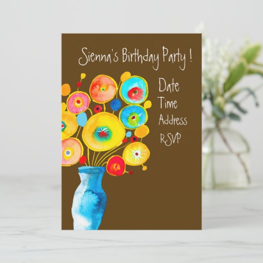 かわいいカラフルフラワーアート誕生日パーティー 招待状 (スタンド正面)